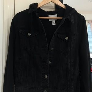 all black denim jacket with hoodie